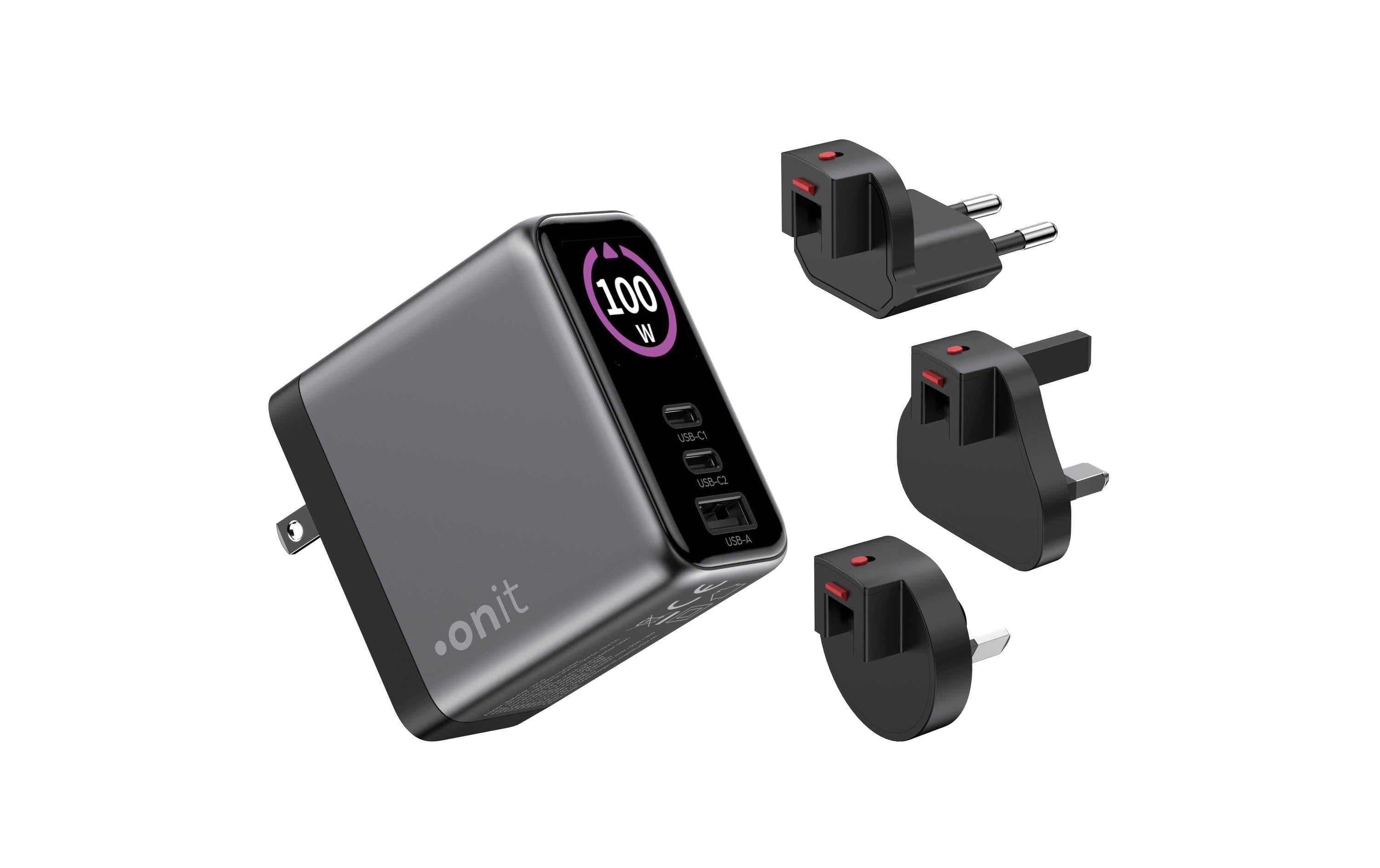 Onit GaN USB-Ladegerät 100 W – USB-C×2, USB-A×1 – US/EU/UK/AU-Stecker – Schwarz