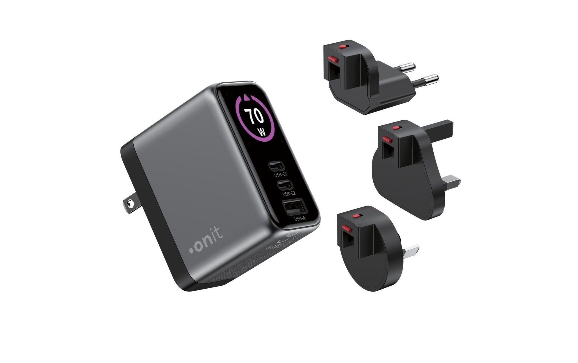 Onit USB-Ladegerät 70 W – USB-C×2, USB-A×1 – GaN – US/EU/UK/AU-Stecker – Schwarz
