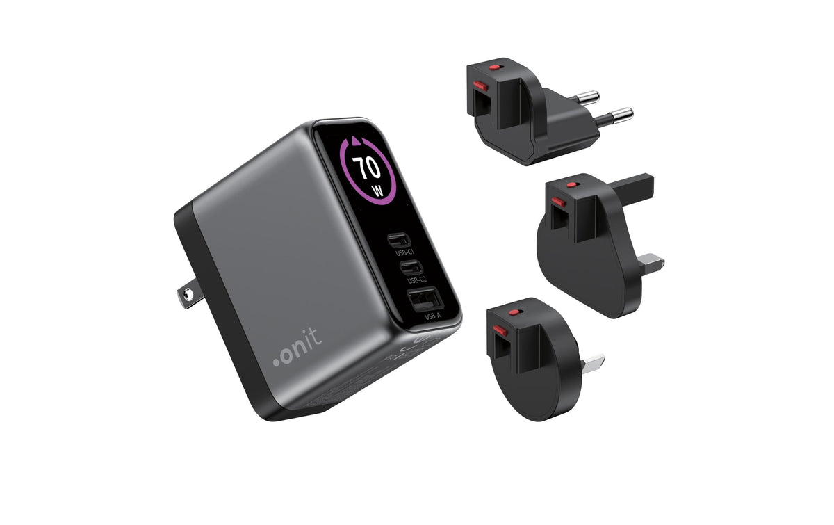 Onit USB-Ladegerät 70 W – USB-C×2, USB-A×1 – GaN – US/EU/UK/AU-Stecker – Schwarz
