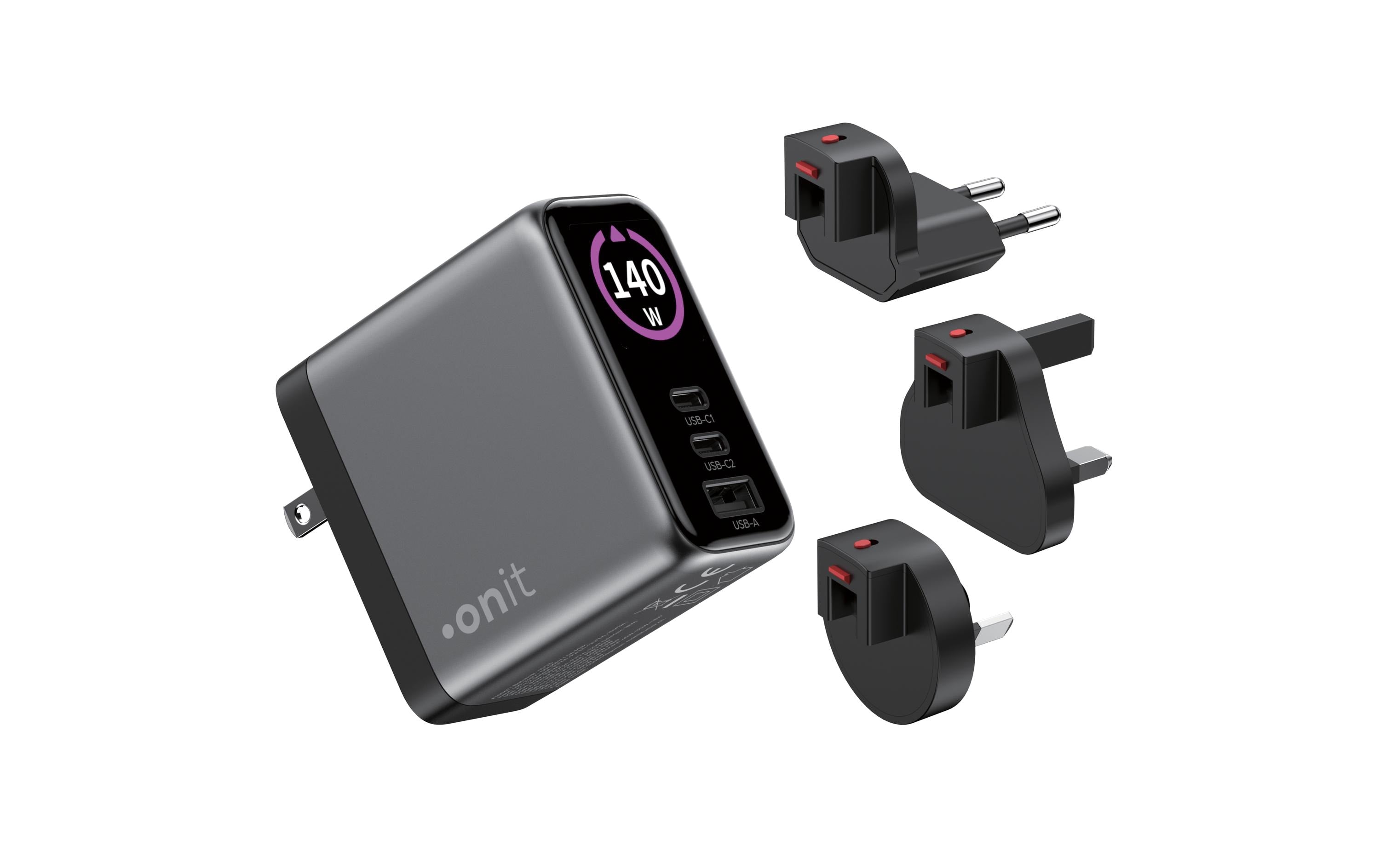 Onit GaN-Reiseladegerät 140 W – USB-C×2, USB-A×1 – US/EU/UK/AU-Stecker, Schwarz