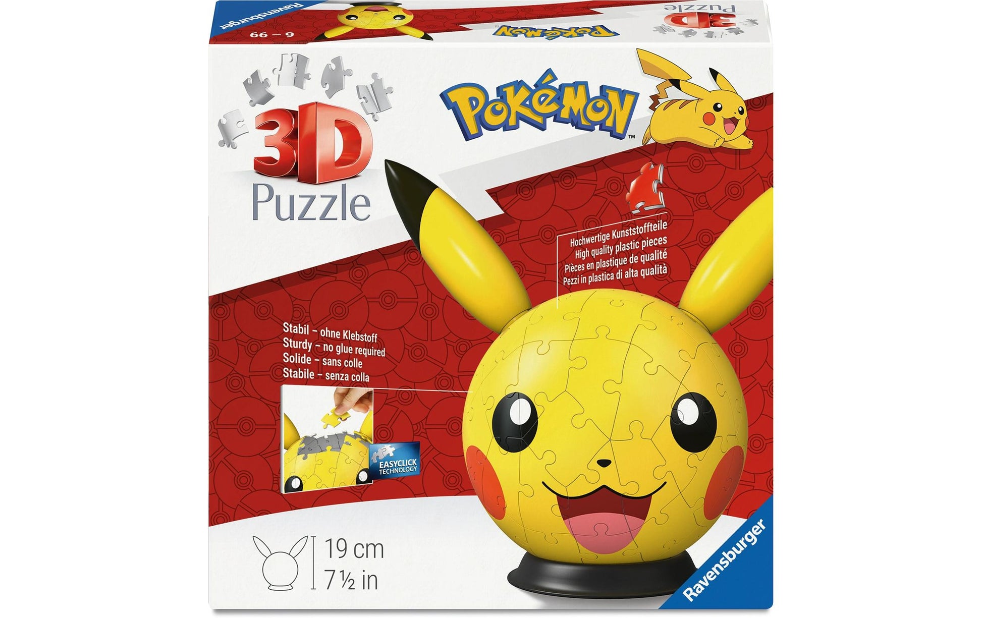 Ravensburger 3D Puzzle Pokémon Pikachu mit Ohren – 72 Teile – Ø 20 cm – Kunststoff – ab 6 J. – FSC
