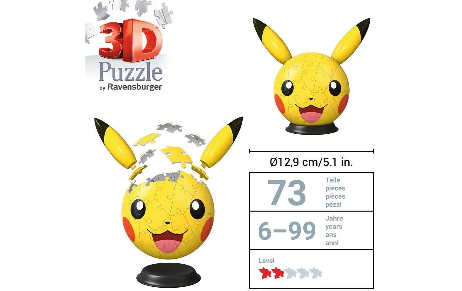 Ravensburger 3D Puzzle Pokémon Pikachu mit Ohren – 72 Teile – Ø 20 cm – Kunststoff – ab 6 J. – FSC