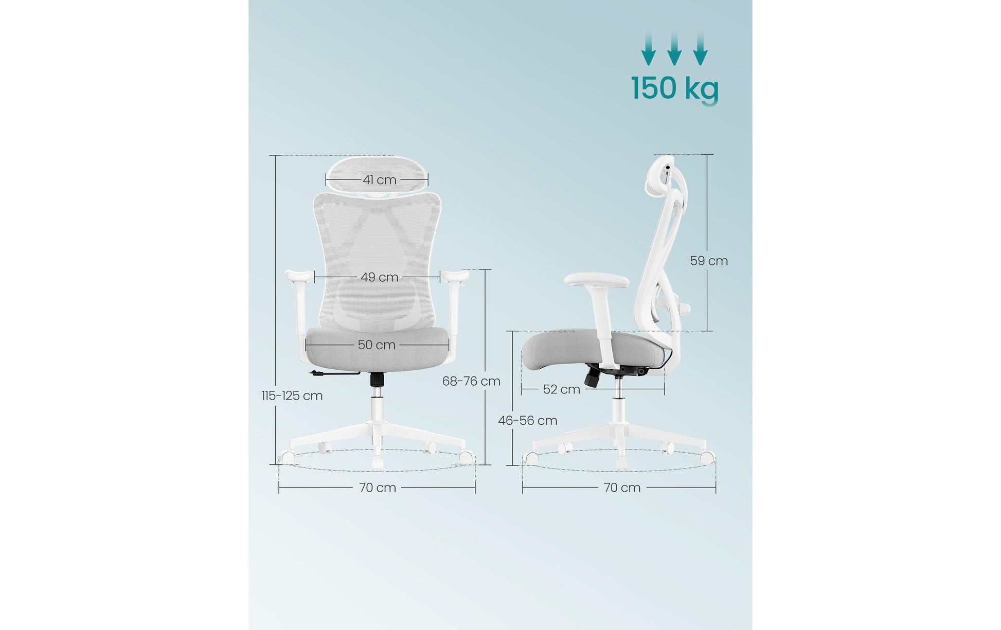 Songmics Bürostuhl – Netzrücken – Grau, mit Kopfstütze und Armlehnen, bis 150 kg