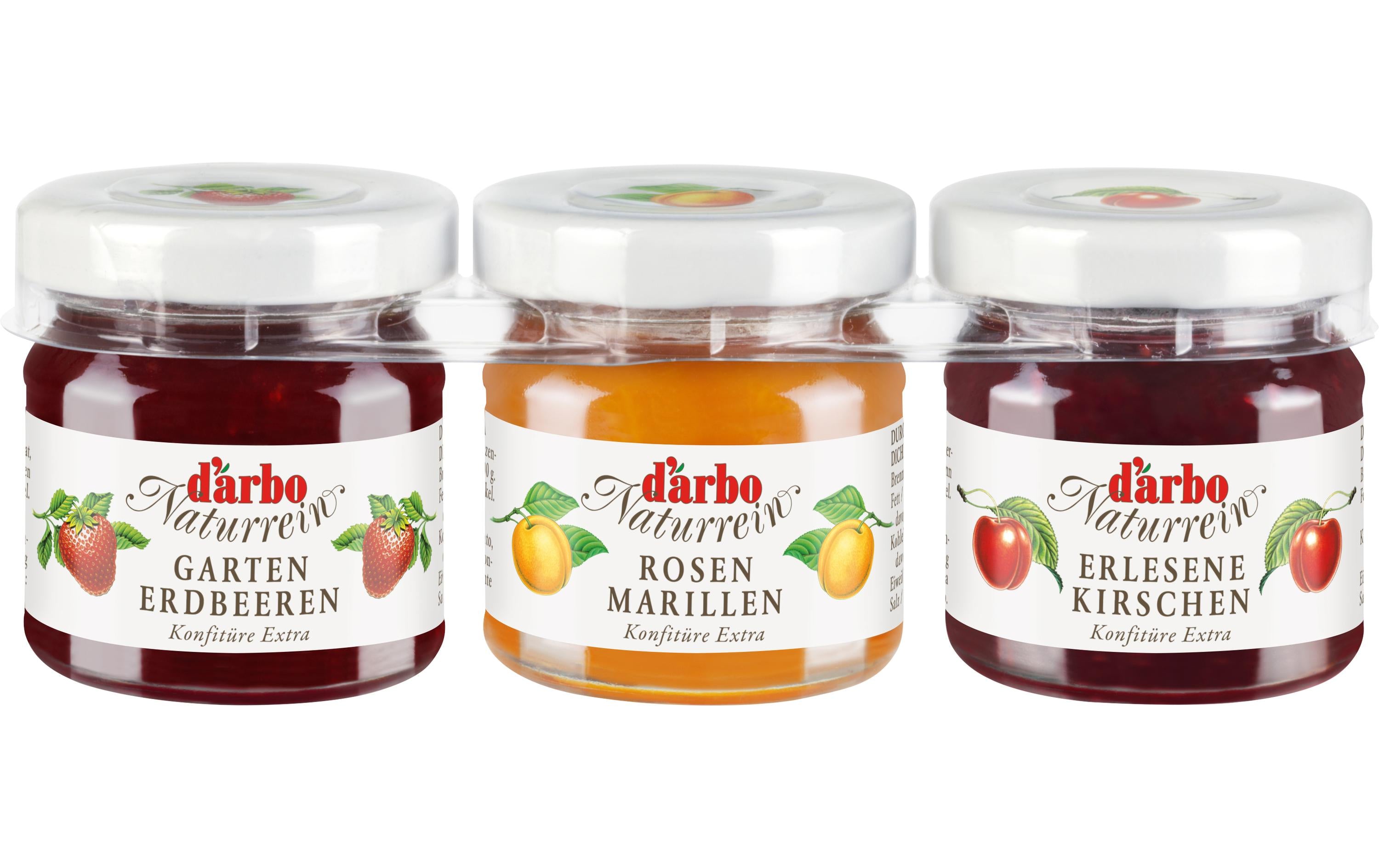 D'arbo Konfitüre Triple (Aprikose, Erdbeere, Kirsche) – 3×40 g
