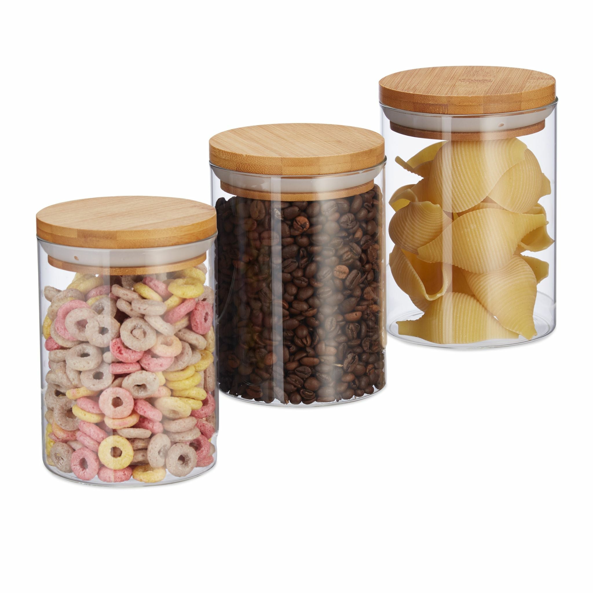 Relaxdays Vorratsdose 600 ml, Ø 9,5 × 14 cm, Glas/Bambus/Silikon, Transparent/Hellbraun, 3er-Set