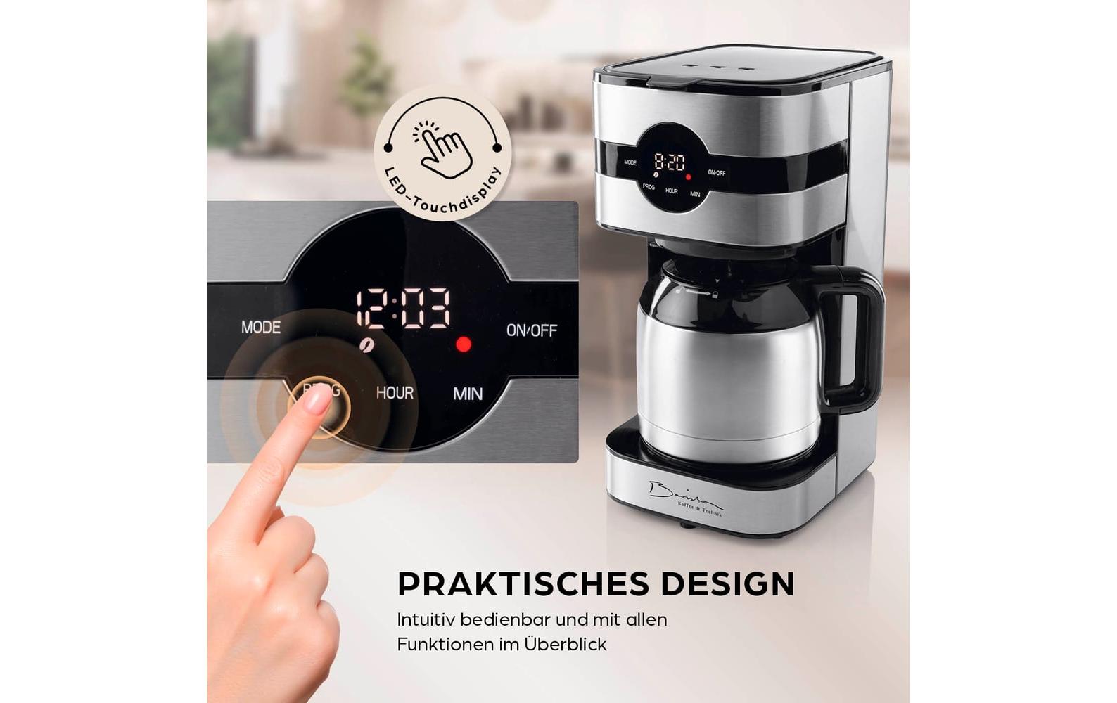 Barista Filterkaffeemaschine – 8 Tassen, 1,3 l, Timer, Schwarz/Silber, 21,7 × 36,9 × 16,7 cm
