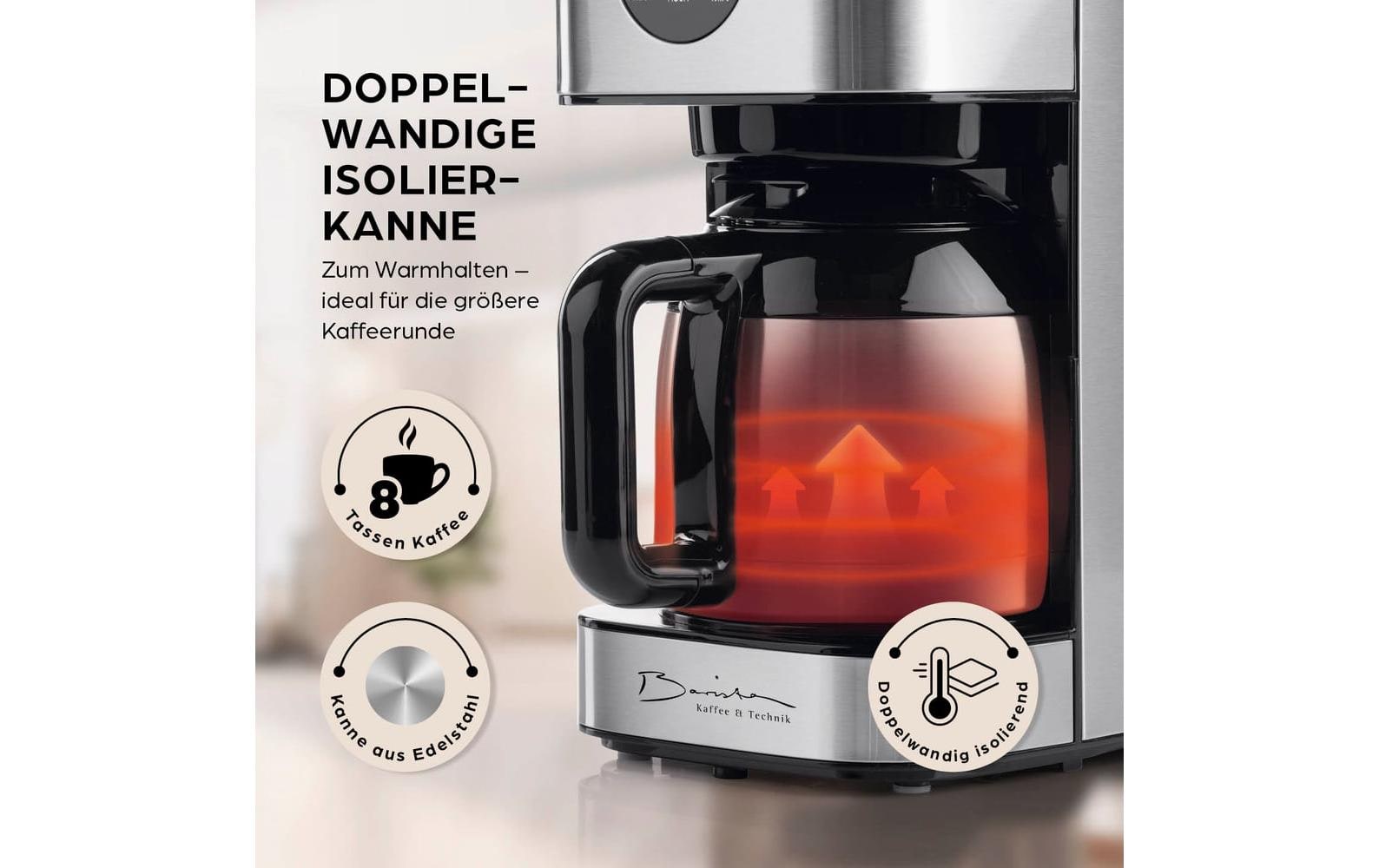 Barista Filterkaffeemaschine – 8 Tassen, 1,3 l, Timer, Schwarz/Silber, 21,7 × 36,9 × 16,7 cm