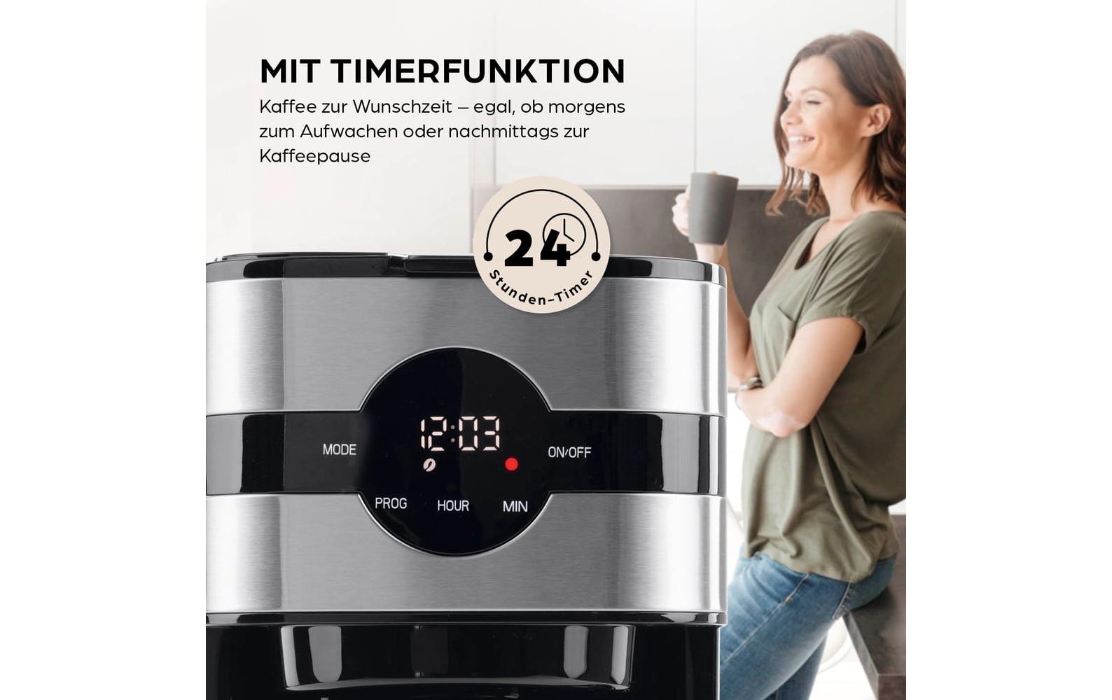 Barista Filterkaffeemaschine – 8 Tassen, 1,3 l, Timer, Schwarz/Silber, 21,7 × 36,9 × 16,7 cm