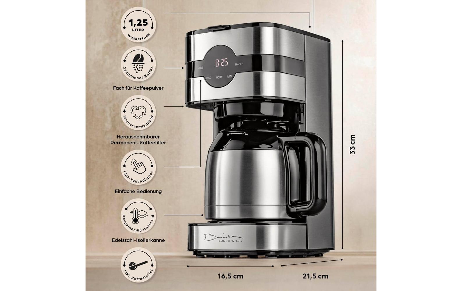 Barista Filterkaffeemaschine – 8 Tassen, 1,3 l, Timer, Schwarz/Silber, 21,7 × 36,9 × 16,7 cm