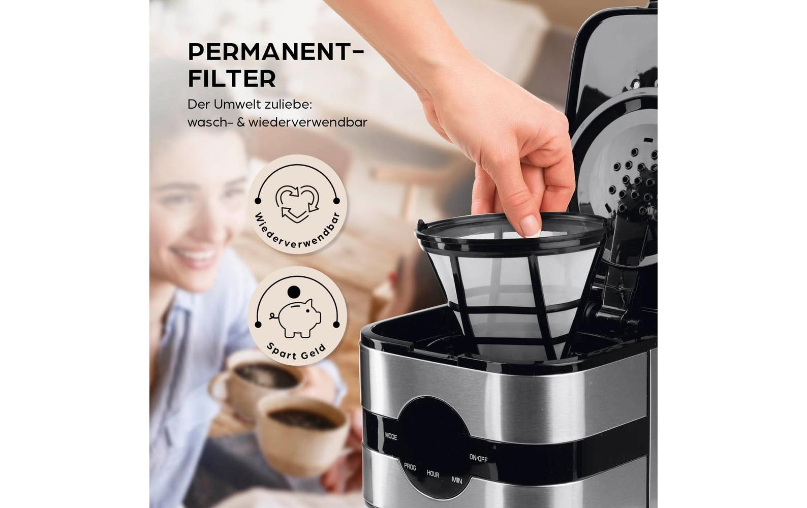 Barista Filterkaffeemaschine – 8 Tassen, 1,3 l, Timer, Schwarz/Silber, 21,7 × 36,9 × 16,7 cm