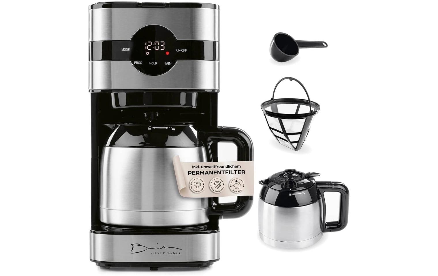 Barista Filterkaffeemaschine – 8 Tassen, 1,3 l, Timer, Schwarz/Silber, 21,7 × 36,9 × 16,7 cm
