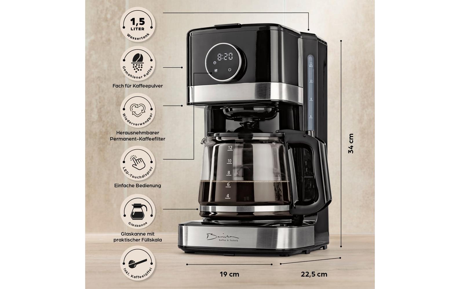 Barista Filterkaffeemaschine – 12 Tassen, 1,5 l, Timer, schwarz