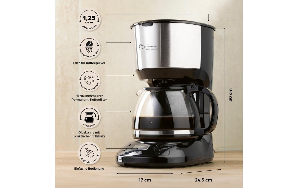 Barista Filterkaffeemaschine – 10 Tassen, 1,25 l, Warmhaltefunktion, Schwarz/Silber