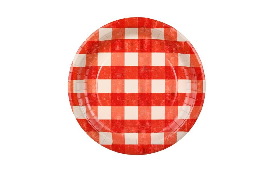 Partydeco Teller, Papier/Karton – Ø 27 cm, rot, kariert – 6 Stk.