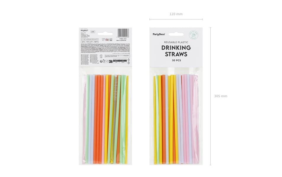 Partydeco Trinkhalme – mehrfarbig – Ø 7 mm × 23 cm – Kunststoff (PP) – 30 Stk – mit Bürste