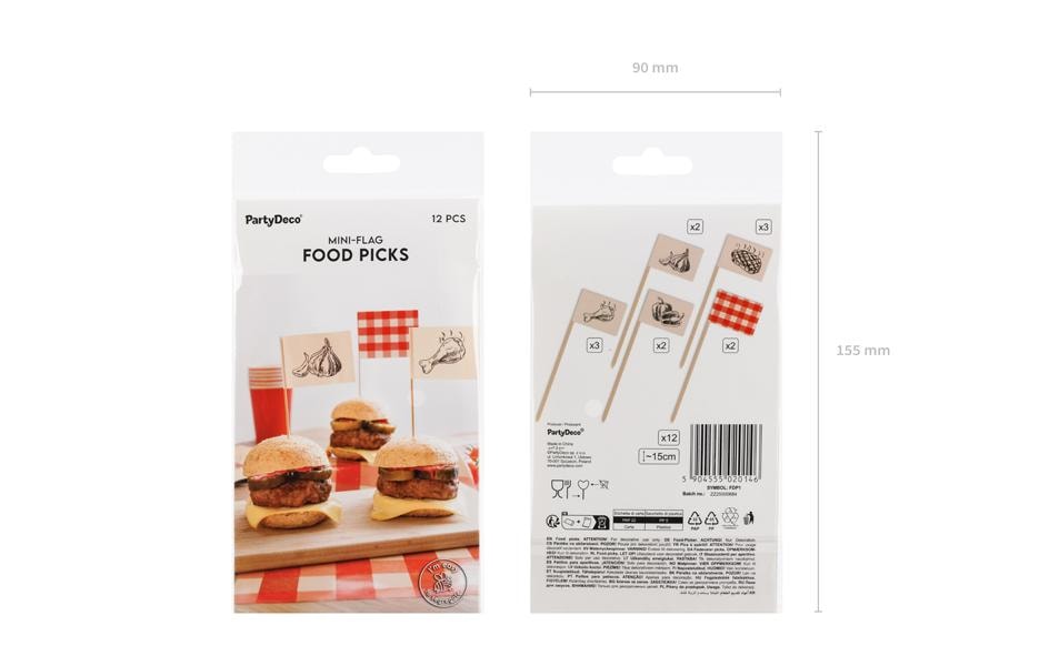Partydeco Party-Piekser Grill kariert – mehrfarbig – 15 cm – Holz/Papier – 12 Stk