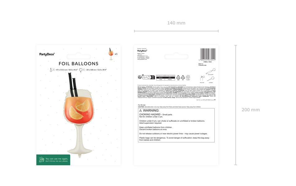 Partydeco Folienballon Cocktail – mehrfarbig – 34 × 100 cm – Folie – 1 Stk