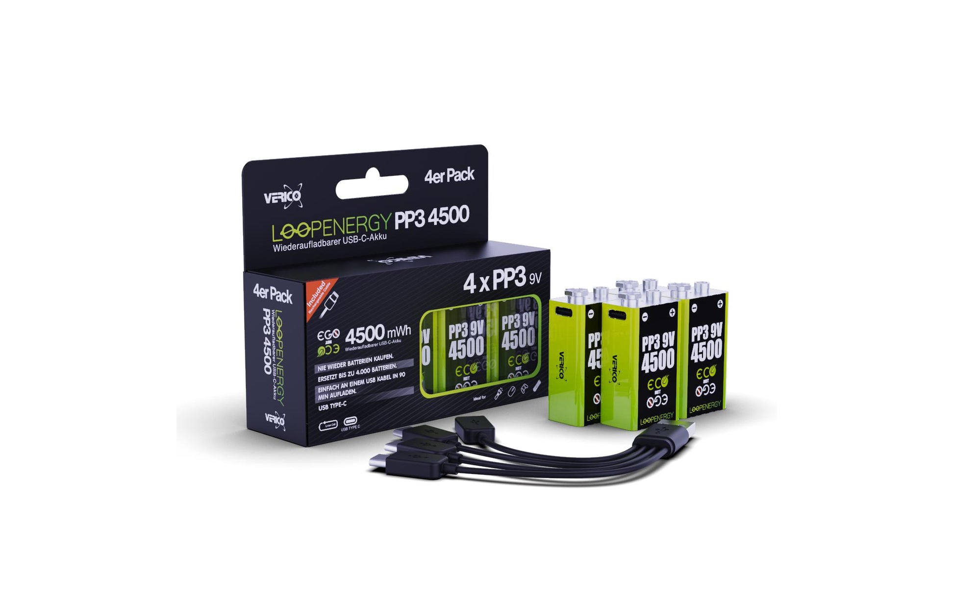 Verico 9V Akkus, Li-Ion, 500 mAh, 9 V – 4 Stk.