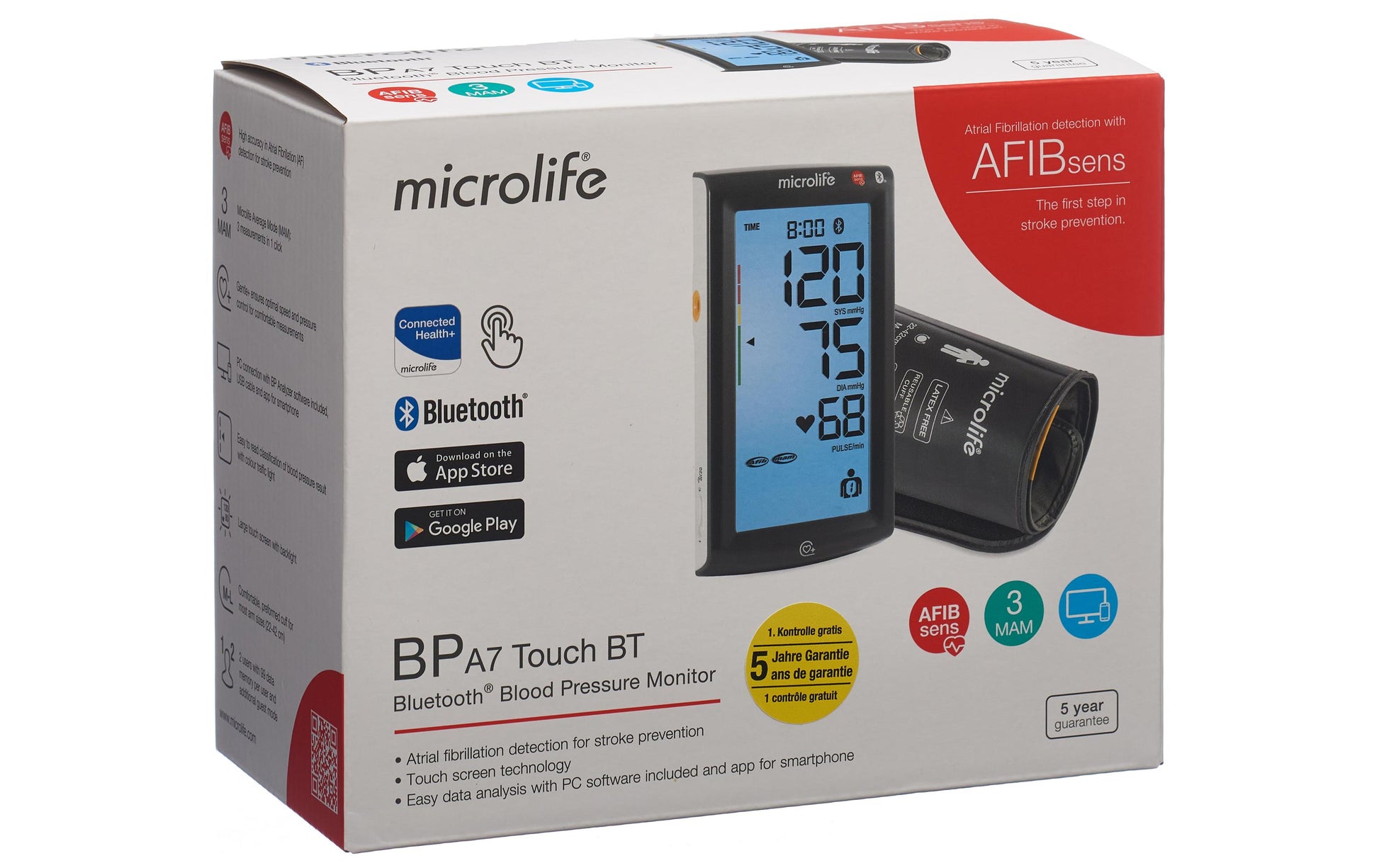 Microlife A7 Touch – Blutdruckmessgerät – Oberarm, 22–42 cm Manschette, Bluetooth, für Apple Health