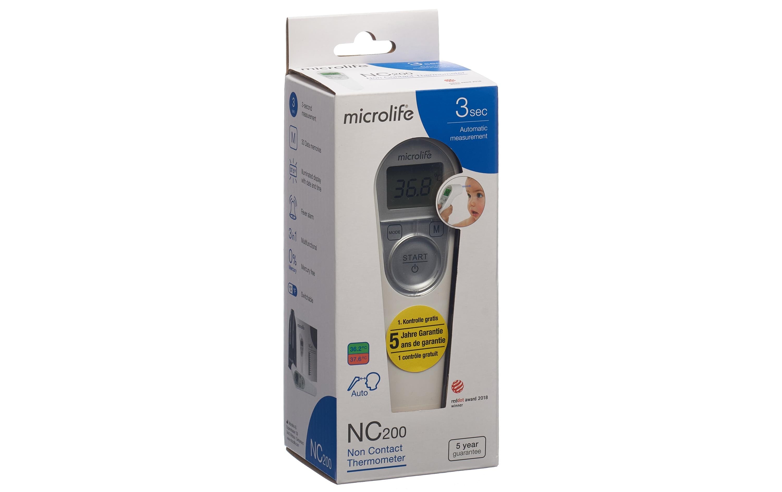 Microlife NC 200 Fieberthermometer – Stirn, kontaktlos, ±0,2 °C