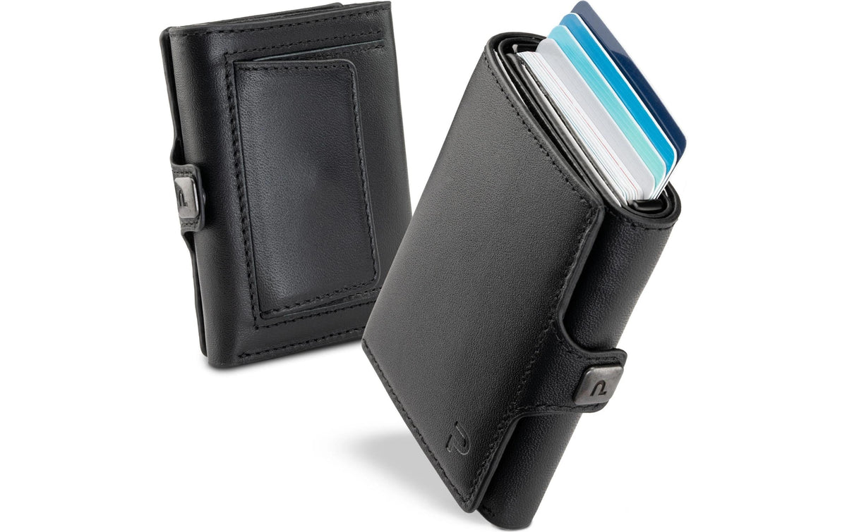 Puristo Kartenetui KLIK XL – RFID-Schutz, Münzfach, Klickverschluss – 7,2 × 8,9 × 2,2 cm – Schwarz