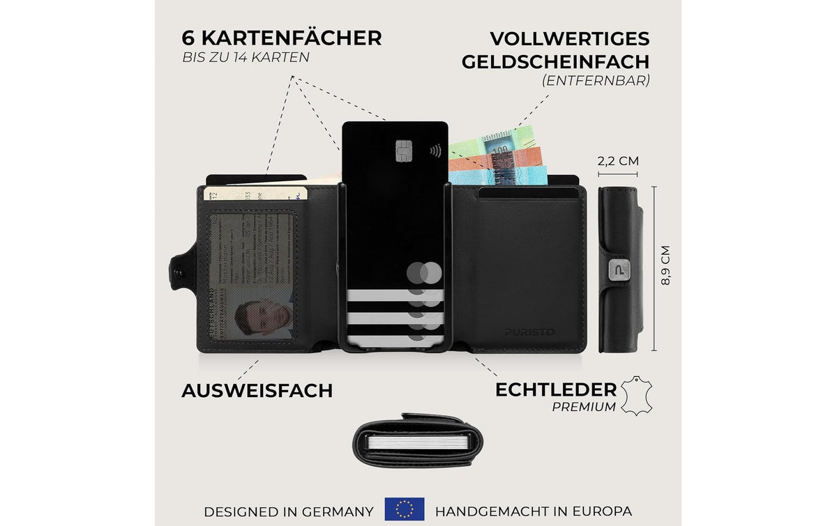 Puristo Kartenetui KLIK XL – RFID-Schutz, Münzfach, Klickverschluss – 7,2 × 8,9 × 2,2 cm – Schwarz