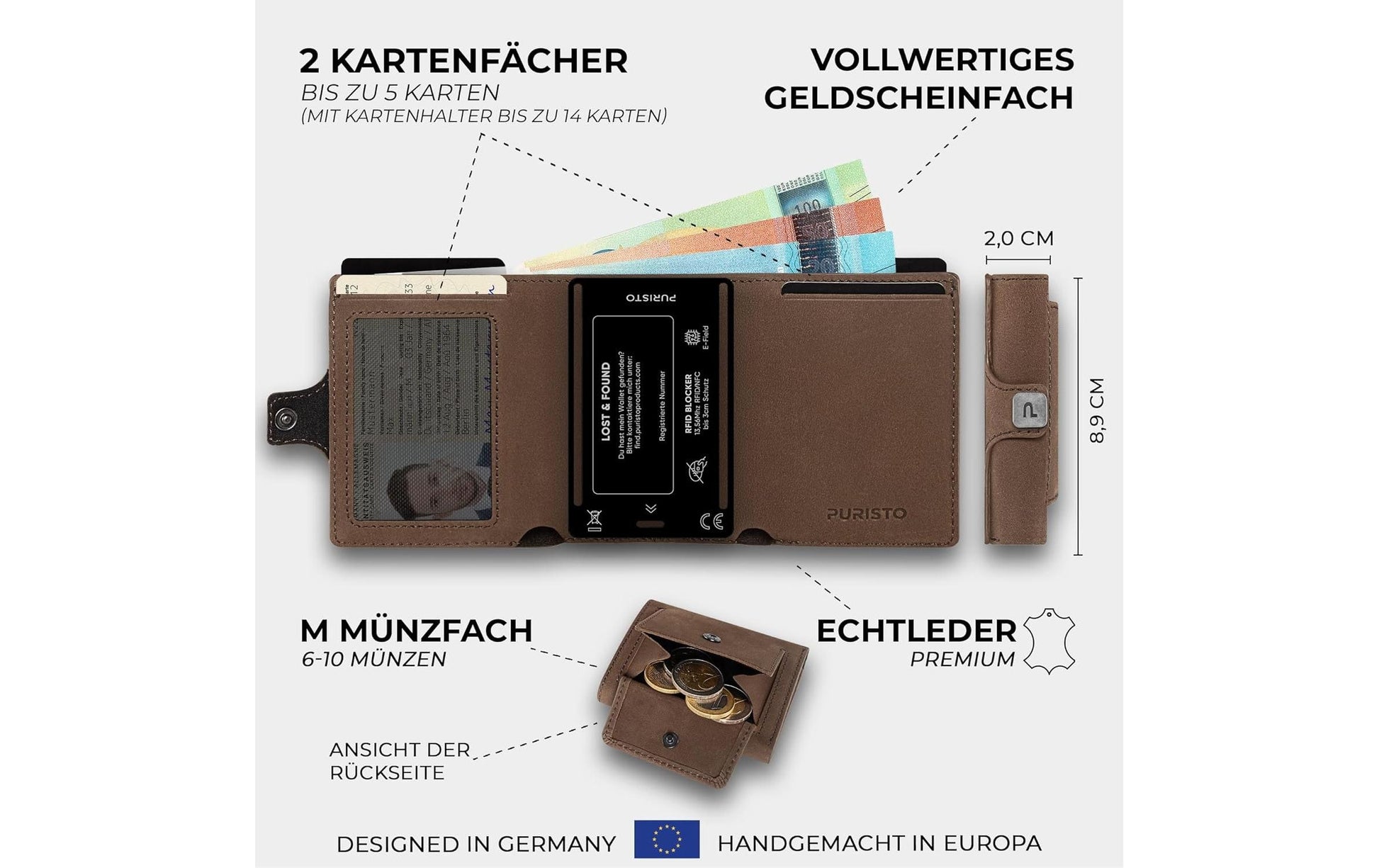 Puristo Kartenetui – RFID-Schutz, Münzfach – 7,2 × 4 × 2,2 cm – Braun – KLIK XL Slim Wallet