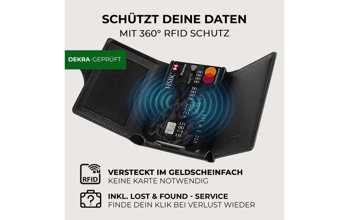 Puristo Kartenetui KLIK XL – RFID-Schutz, Münzfach, Klickverschluss – 7,2 × 8,9 × 2,2 cm – Schwarz