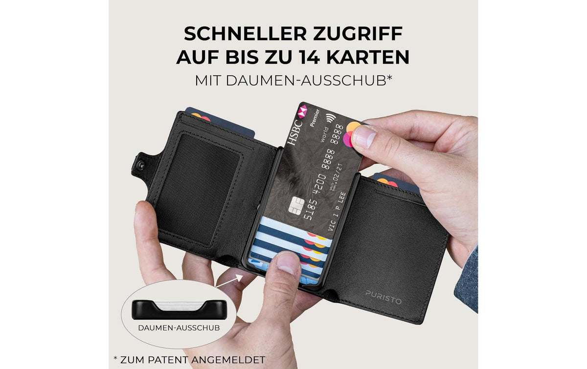 Puristo Kartenetui KLIK XL – RFID-Schutz, Münzfach, Klickverschluss – 7,2 × 8,9 × 2,2 cm – Schwarz