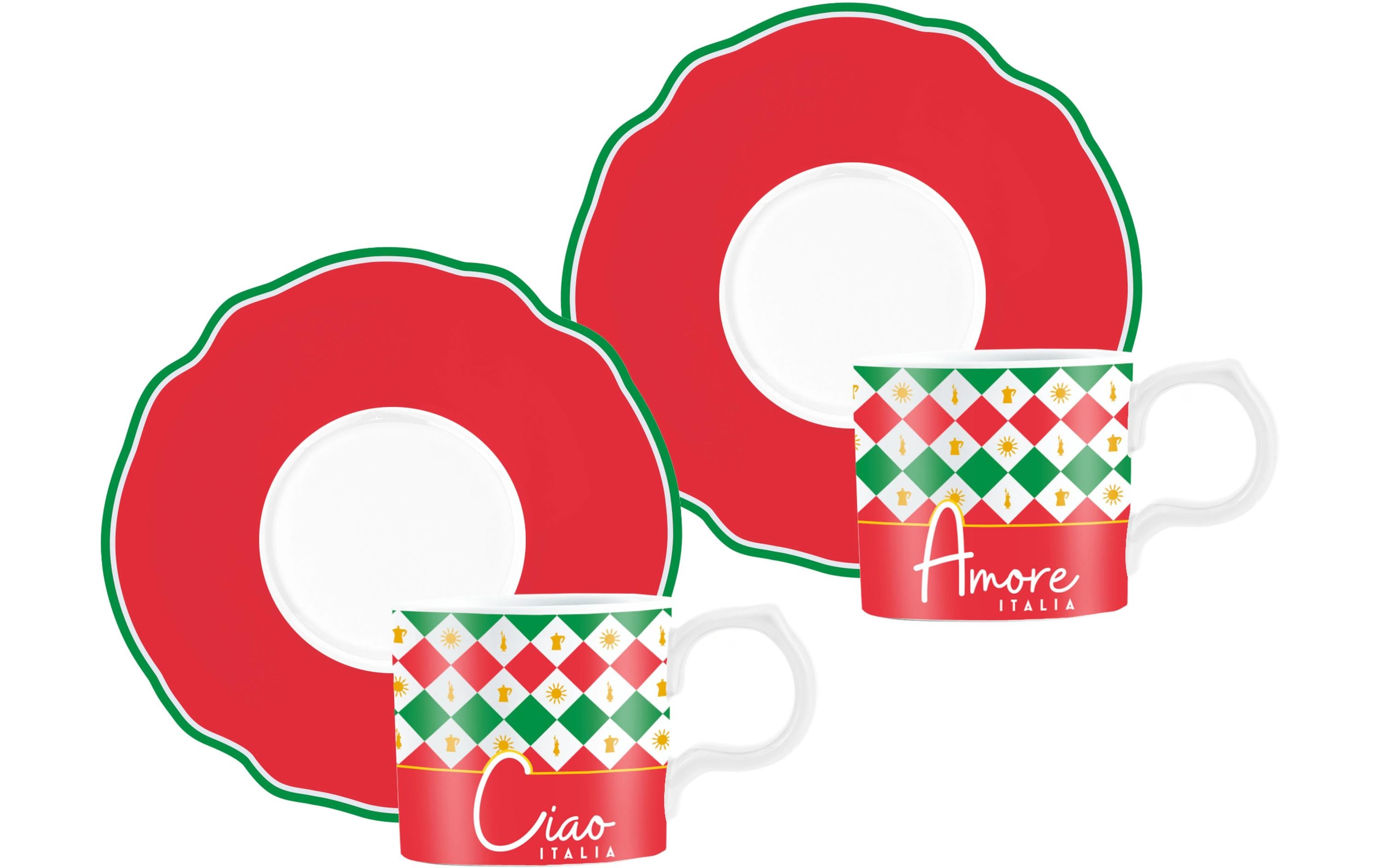 Bialetti Espressotasse – 4-teiliges Set, 90 ml, Porzellan, Mehrfarbig, mit Unterteller