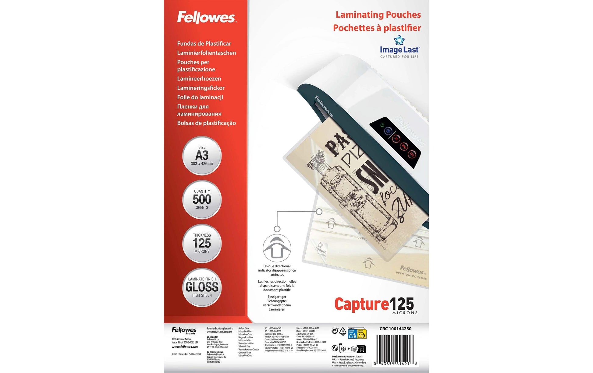 Fellowes Laminierfolien A3 – 125 µm, glänzend, 500 Stück