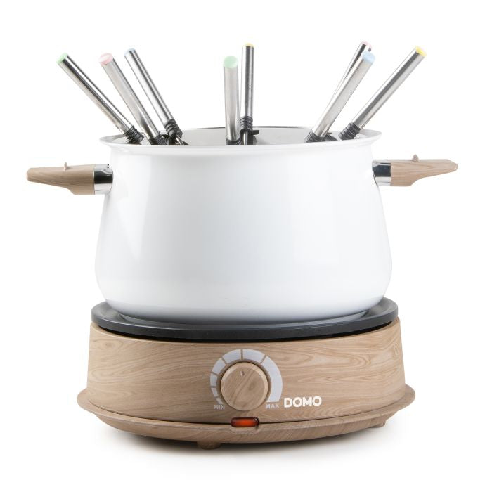 Domo Fondue-Set DO736F – Edelstahl, 2 l, 8 Gabeln, elektrisch – weiss/Holz