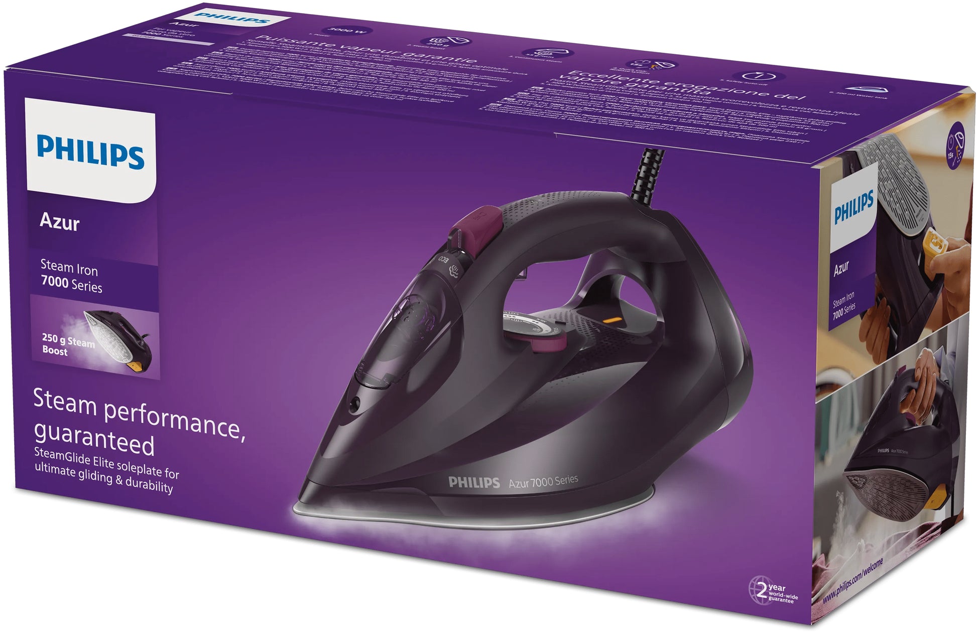 Philips Dampfbügeleisen DST7061/30 – 3000 W, SteamGlide Elite-Sohle, Dampfstoß 250 g/min, Violett