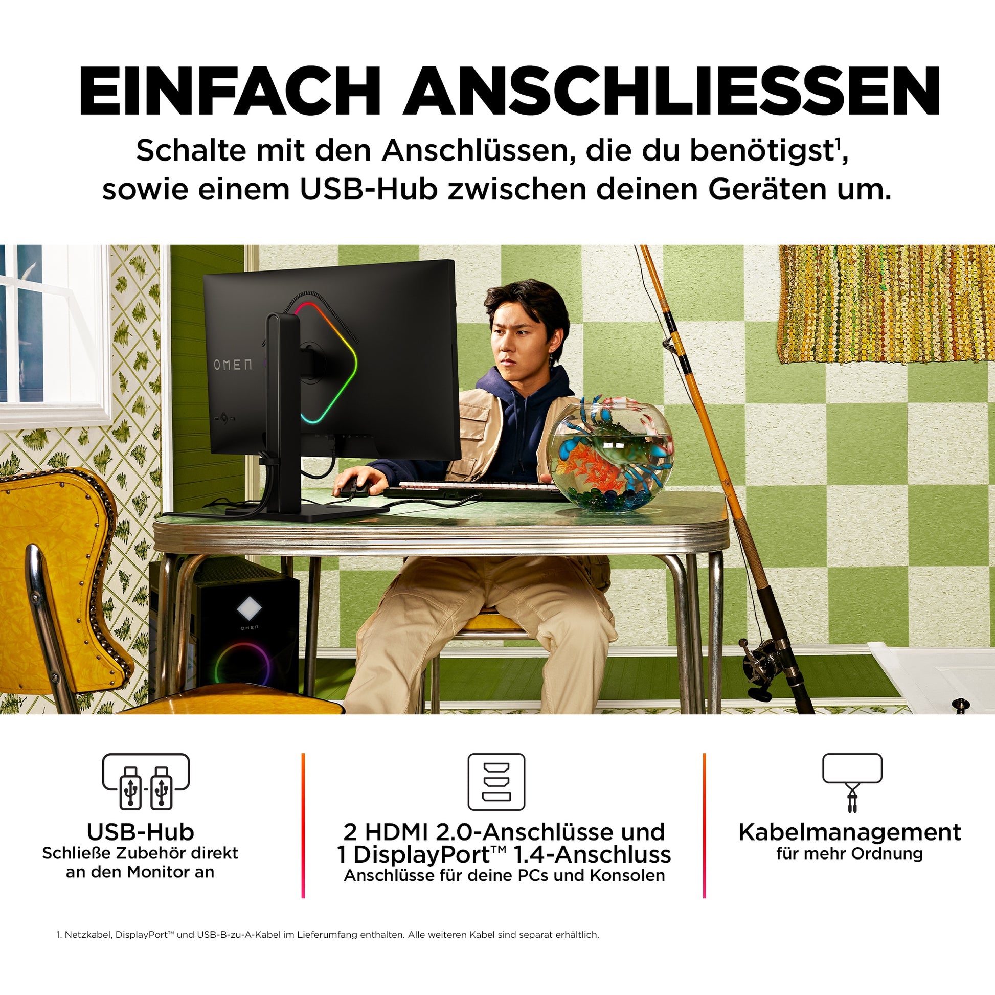 HP OMEN 27qs – Monitor, 27", 2560 × 1440 (WQHD), IPS, 240 Hz, 400 cd/m², Lautsprecher, Schwarz
