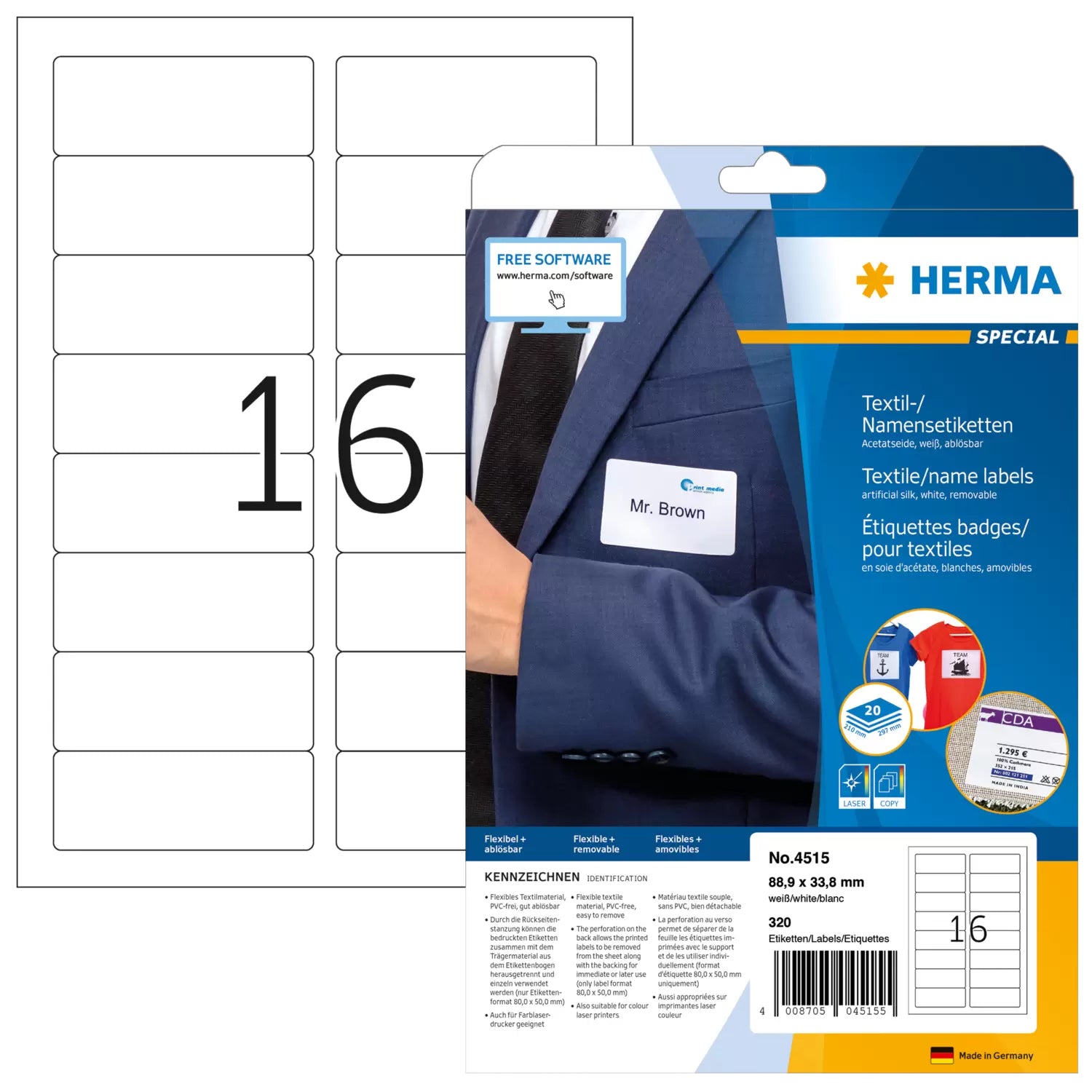 HERMA Schuletiketten – 88,9 × 33,8 mm, abgerundete Ecken, 320 Stk, 20 Bogen, Textil, ablösbar