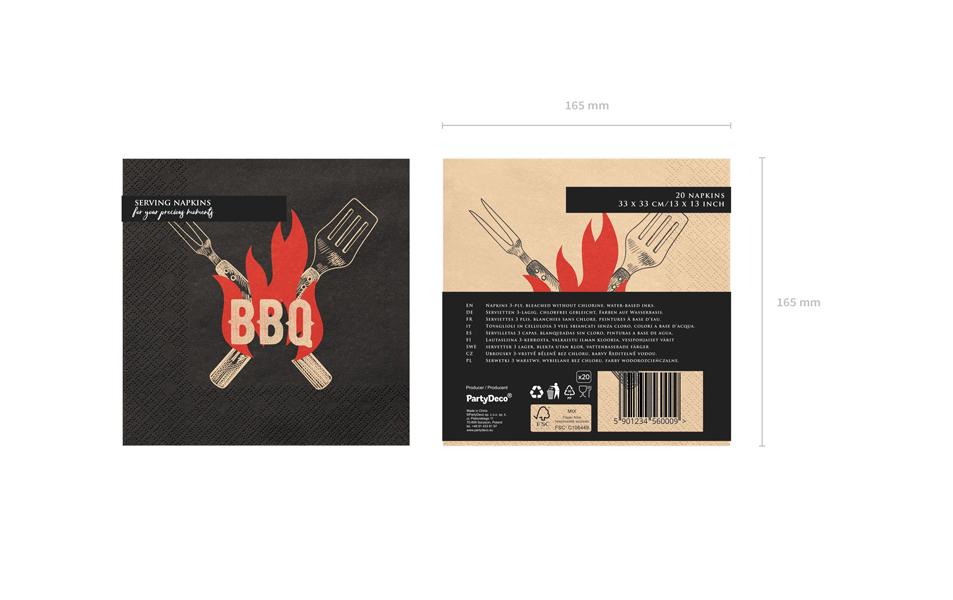 Partydeco BBQ Servietten, 33 × 33 cm – rot/schwarz – 20 Stk.