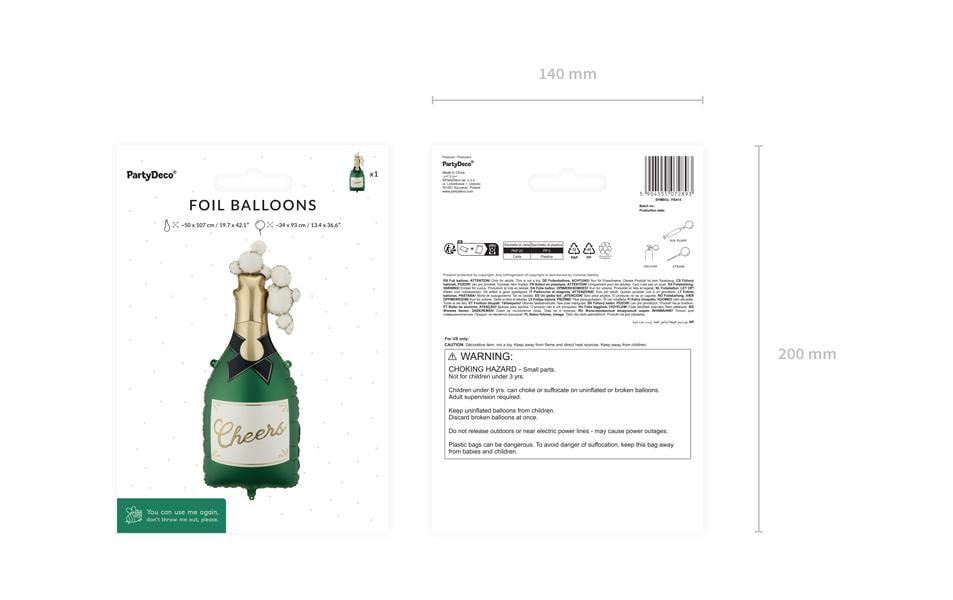 Partydeco Folienballon Champagne – dunkelgrün, gold – 34 × 93 cm – Folie – 1 Stk