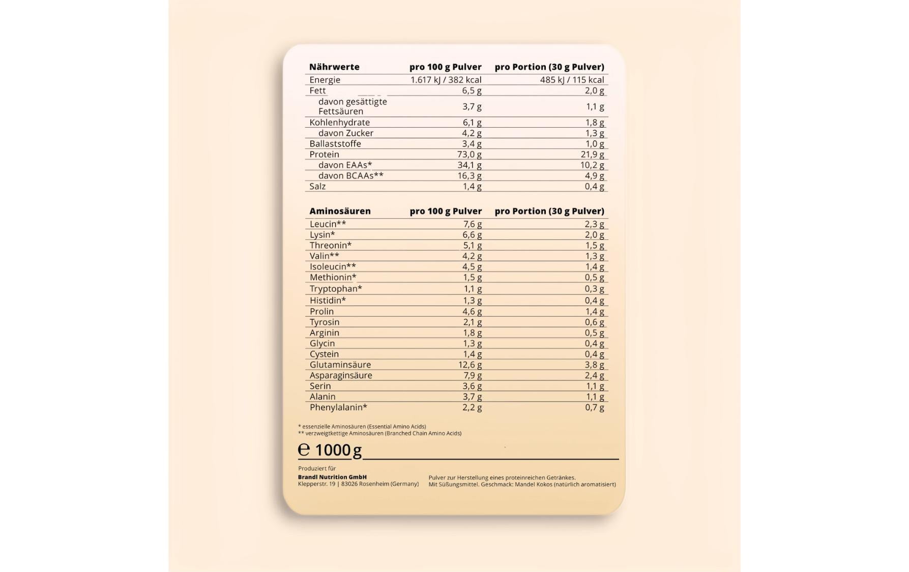 Brandl-Nutrition Eiweisspulver Pure Protein 2.0 W – Kokos – 1 kg