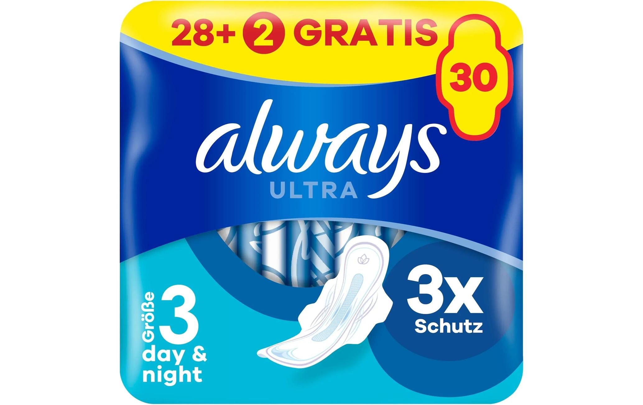 Always Ultra Day&Night Damenbinden – Nacht, Grösse 3, mit Flügeln – 30 Stk