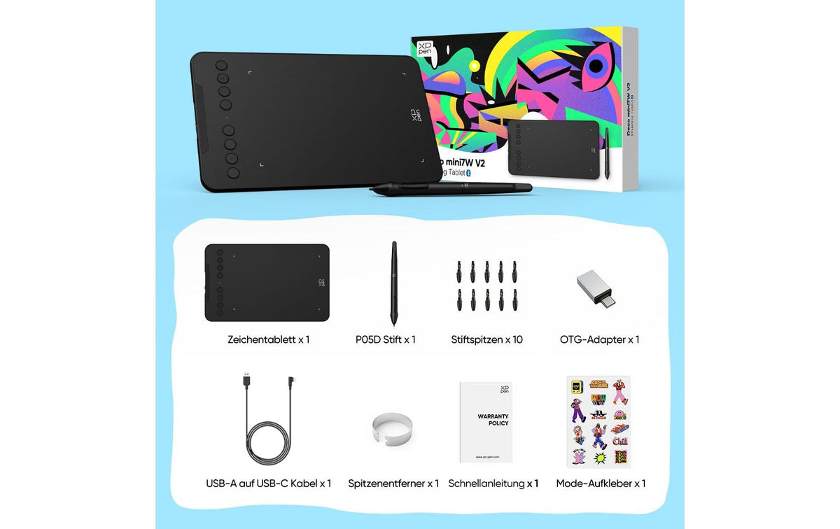 XPPen Deco Mini7W V2 – Stifttablet – 178 × 111 mm – Bluetooth, USB-C – 16k Druckstufen – Schwarz