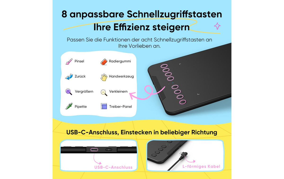 XPPen Deco Mini7W V2 – Stifttablet – 178 × 111 mm – Bluetooth, USB-C – 16k Druckstufen – Schwarz