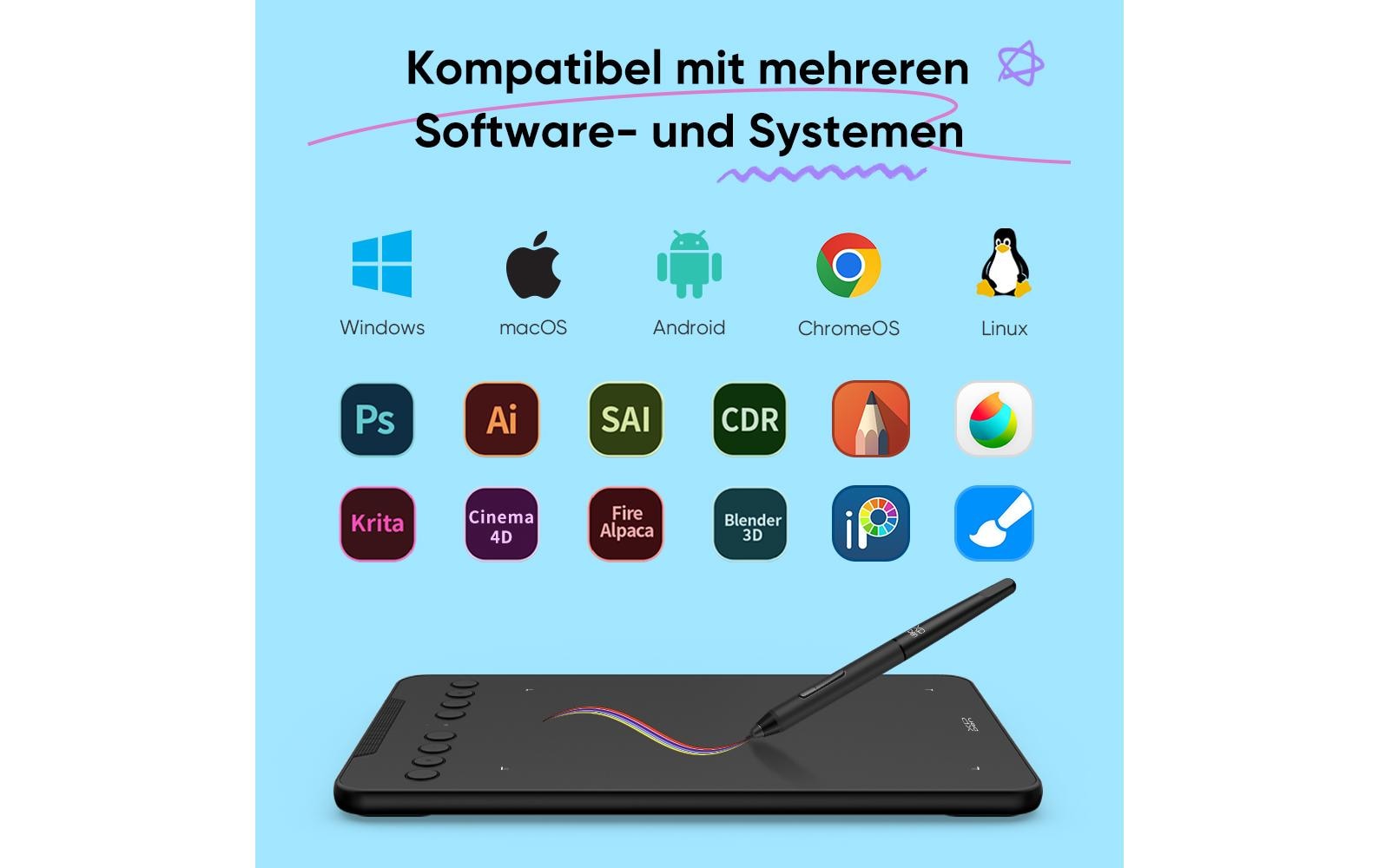 XPPen Deco Mini7W V2 – Stifttablet – 178 × 111 mm – Bluetooth, USB-C – 16k Druckstufen – Schwarz