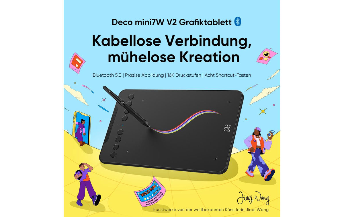XPPen Deco Mini7W V2 – Stifttablet – 178 × 111 mm – Bluetooth, USB-C – 16k Druckstufen – Schwarz