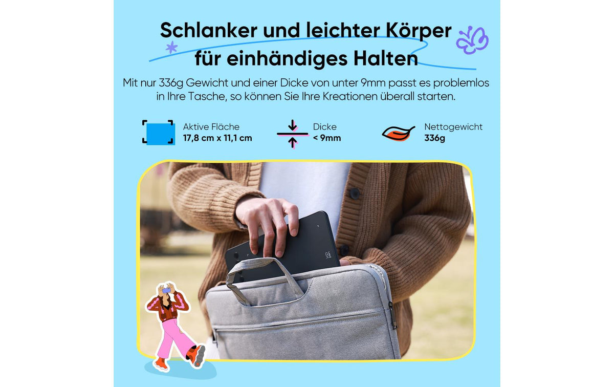 XPPen Deco Mini7W V2 – Stifttablet – 178 × 111 mm – Bluetooth, USB-C – 16k Druckstufen – Schwarz