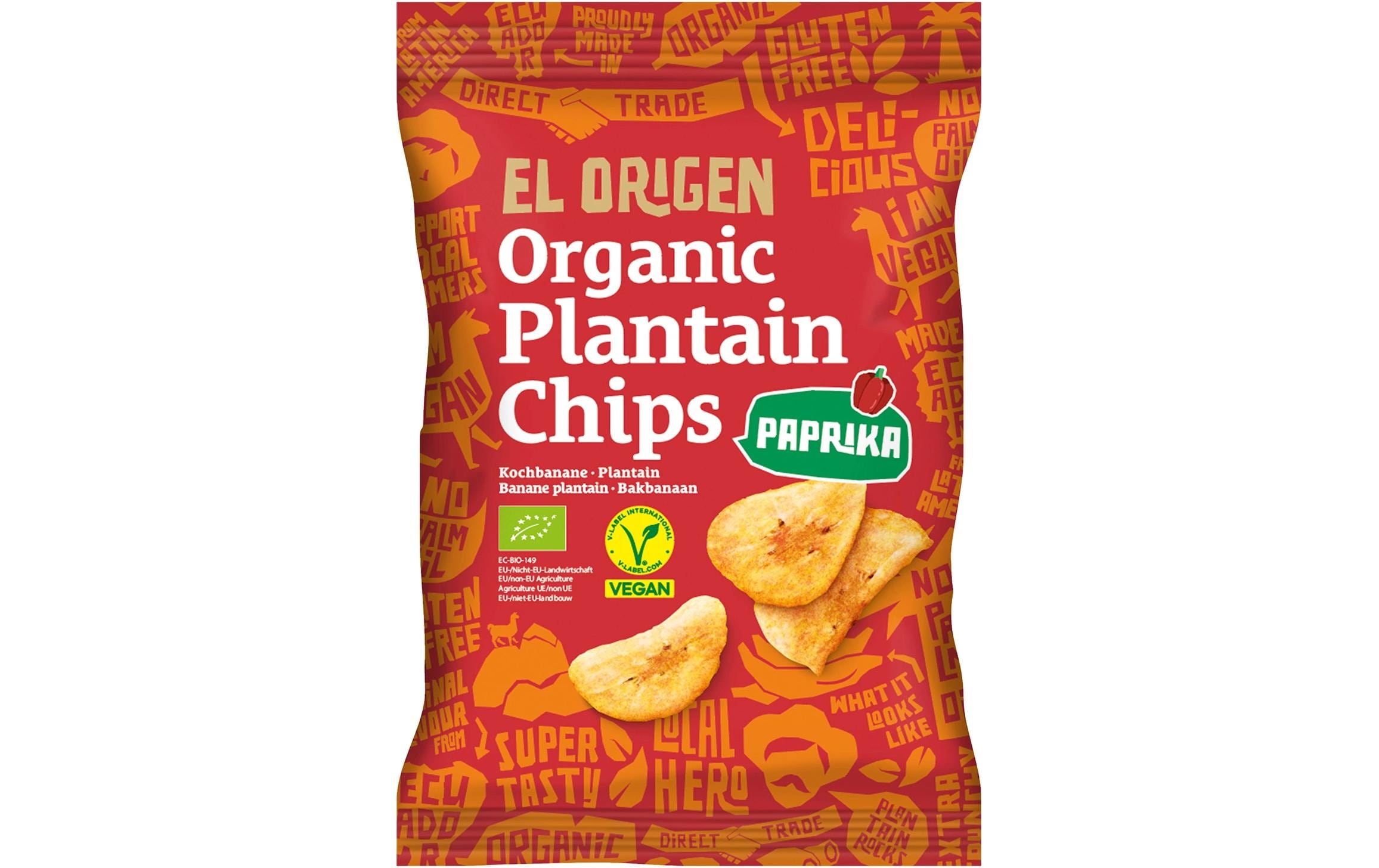 El origen Kochbananen Chips Paprika, bio, vegan – 80 g