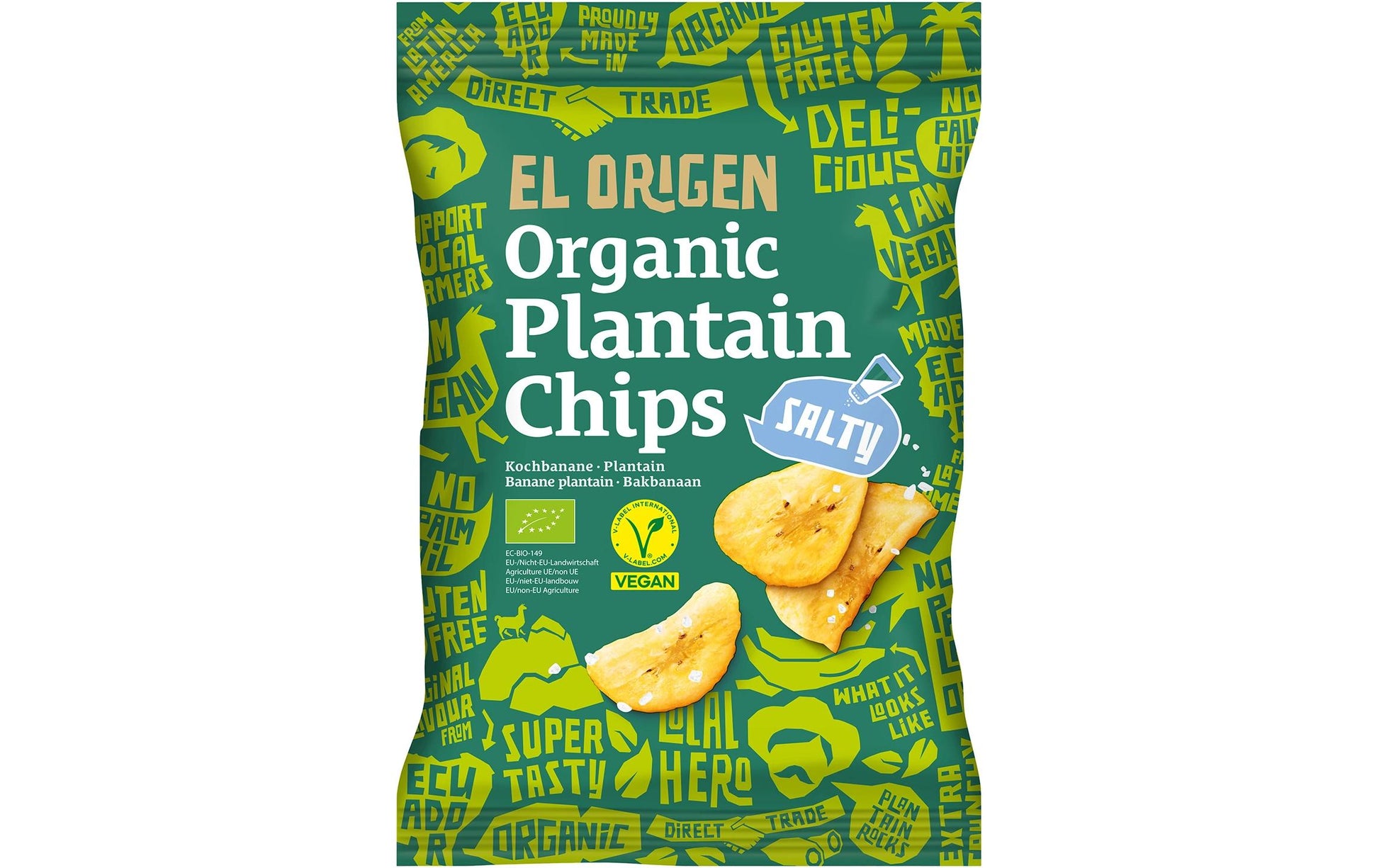 El origen Kochbananen Chips – Meersalz, Bio, Vegan – 80 g
