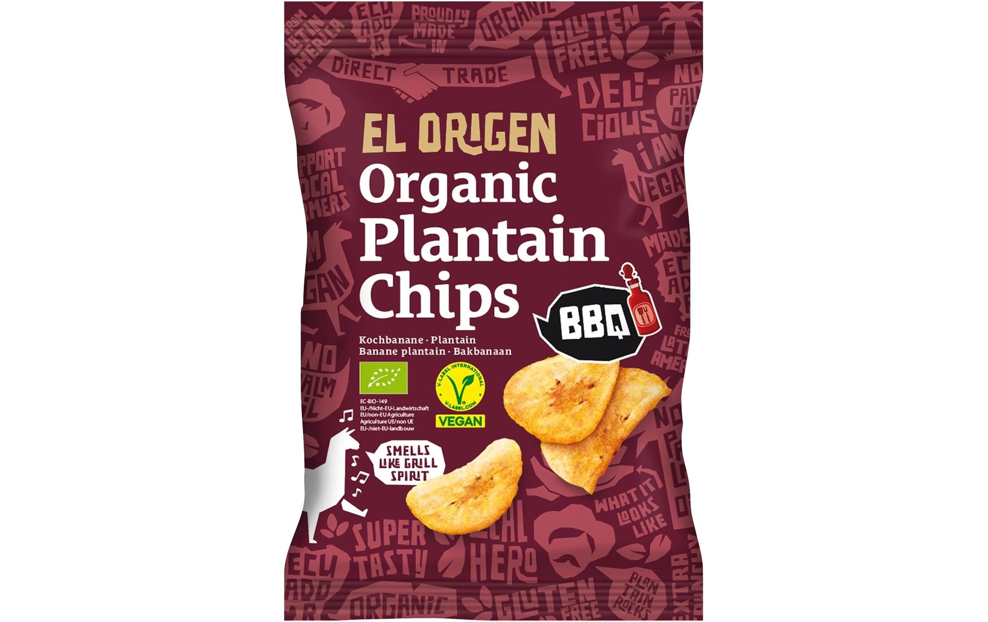 El origen Kochbananen Chips – BBQ, bio, vegan – 80 g