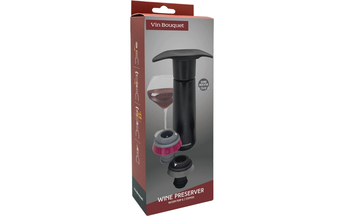 Vin Bouquet Weinpumpe Sound Indicator – 8 × 3,5 × 13 cm, Kunststoff/Silikon, Schwarz, inkl. 2 Weinverschlüsse