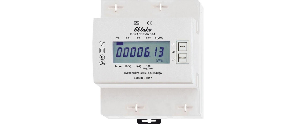 Eltako DSZ15DE – Energiemessgerät – 3-phasig, max. 80 A, LCD-Display, Einzel-/Doppeltarif