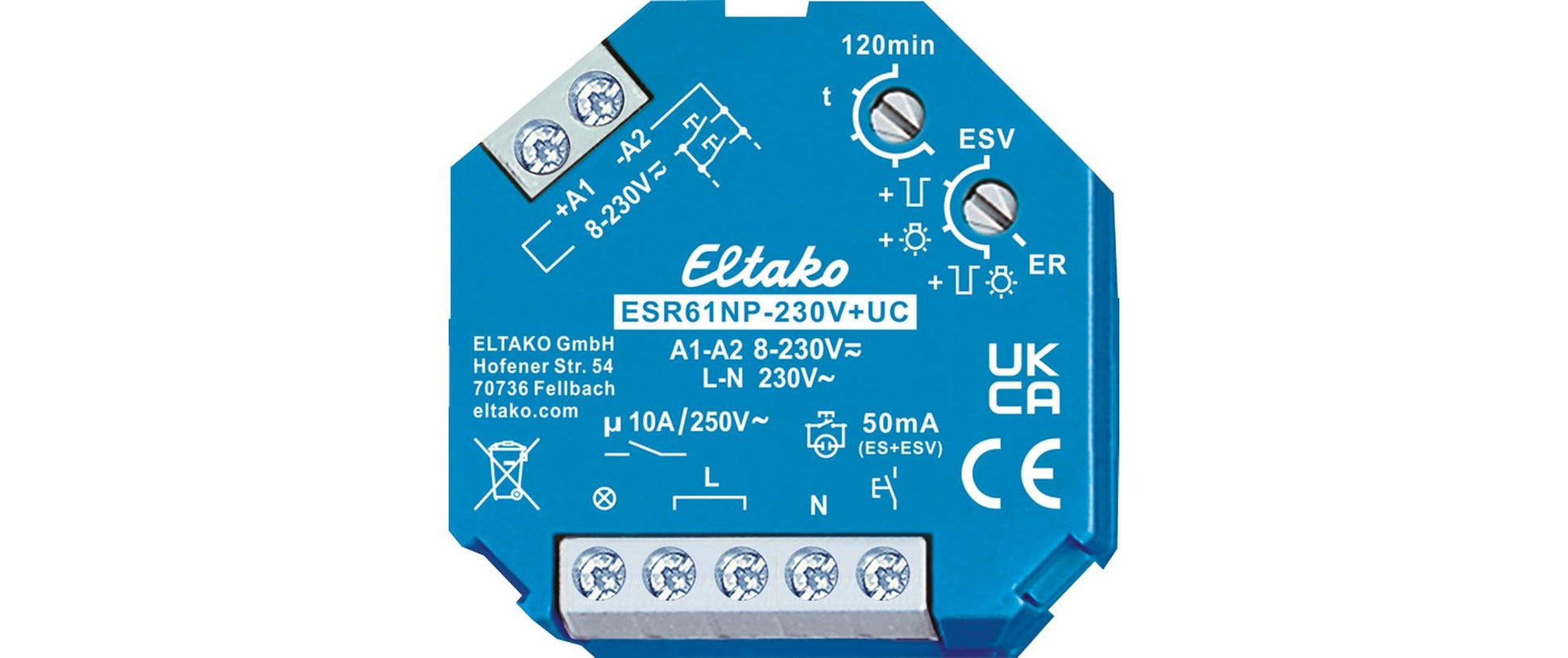 Eltako Relais mit Sockel – 1,0 kVA, 230 V, 1× Schliesser, 1× Tastereingang 230 V, Unterputzmontage – ESR61NP